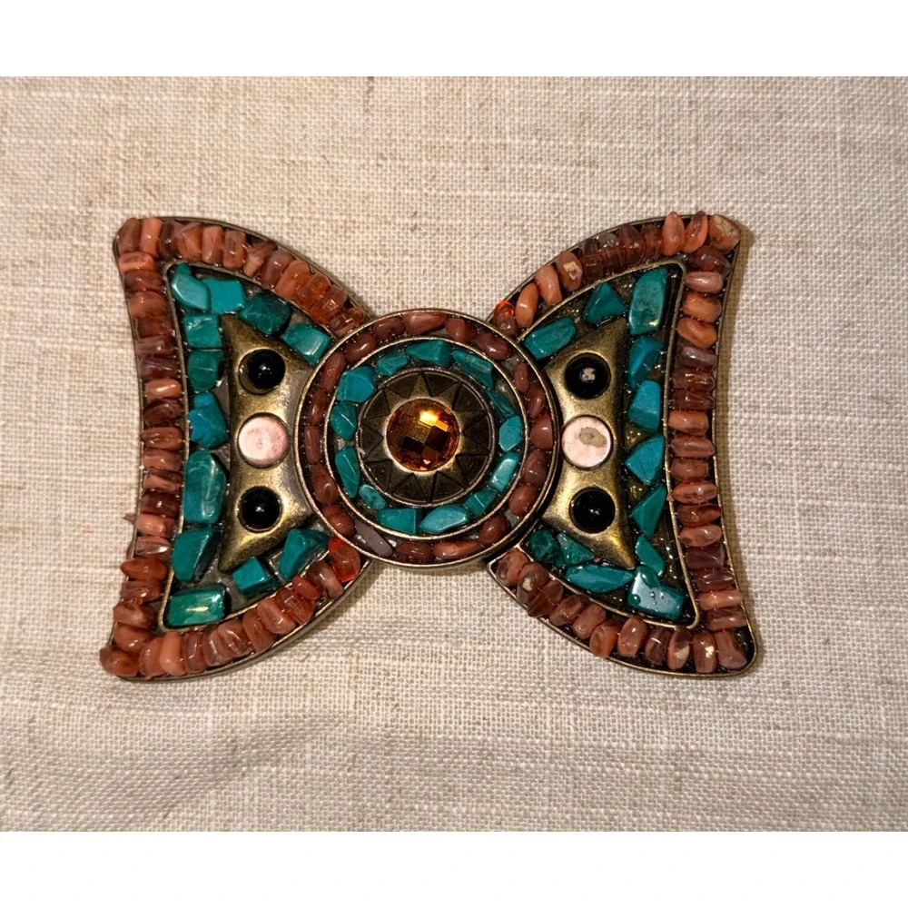Vintage Style Faux Turquoise Coral Mosaic Bow Belt Buckle Western Boho Brass